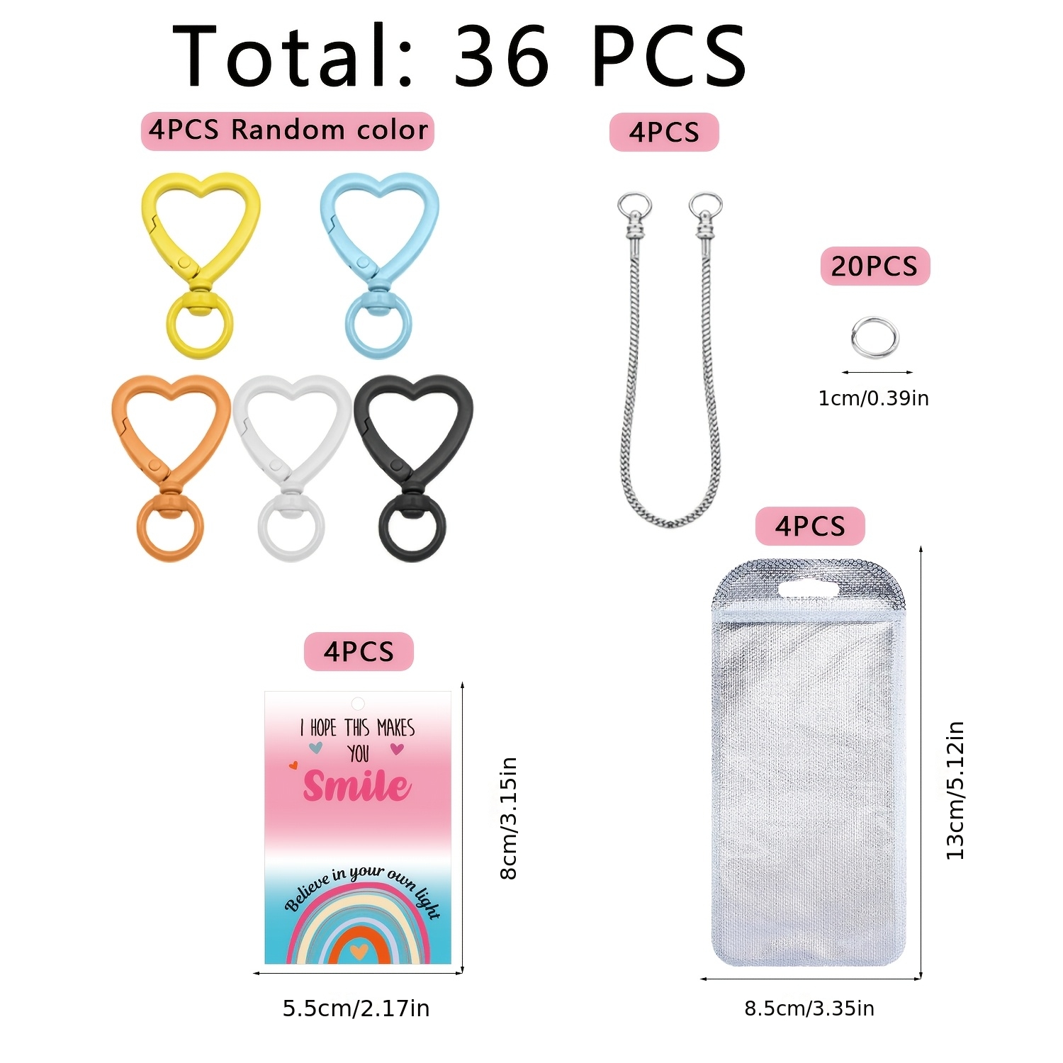 TEMU 36pcs Dopamine Set Includes Random Color Heart-shaped Lobster Buttons, Bone Chains, Small Rings, Cardboard Bags, Diy Beads, Key Rings. Suitable