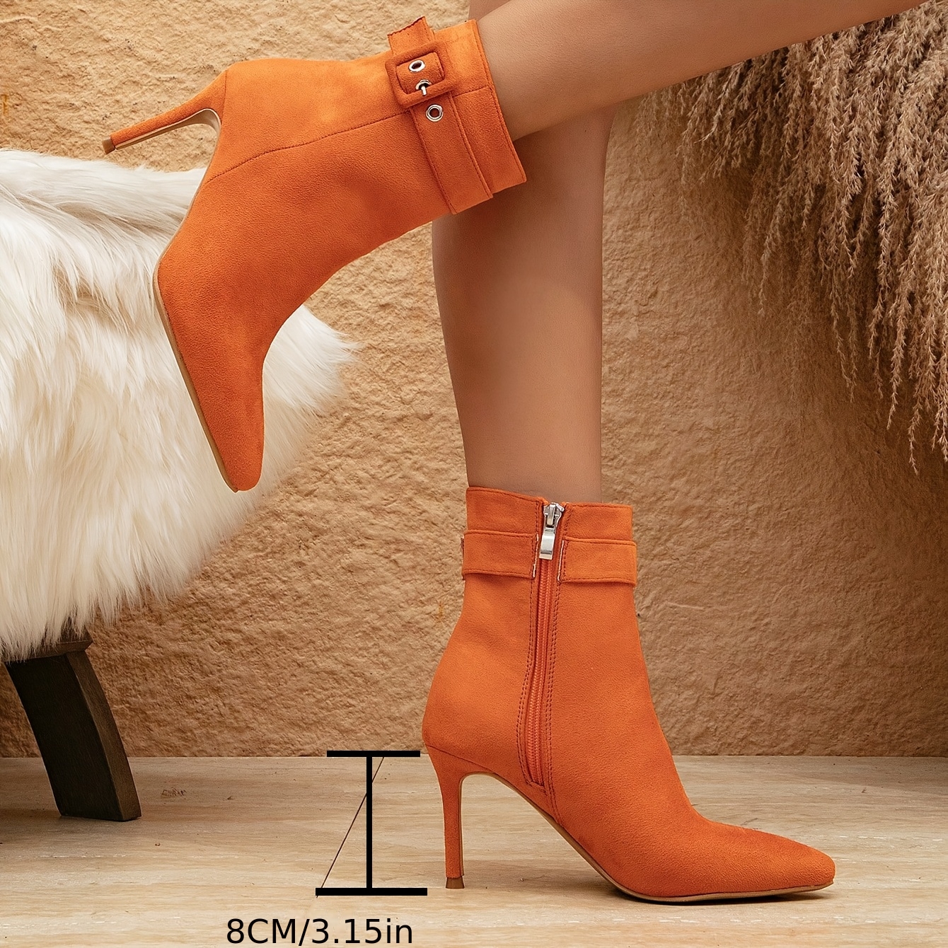 Women's Vibrant Orange Pointed Toe High-Heel Ankle Boots with Buckle Strap & Zipper Closure - Synthetic Cover Upper, Sturdy Rubber Sole, Net Lining - Elegant & Comfortable for Casual to Formal Events, Casual Attire - Versatile All-Season Booties, Party Footwear, Durable Construction, Office Wear, Trendy Footwear
