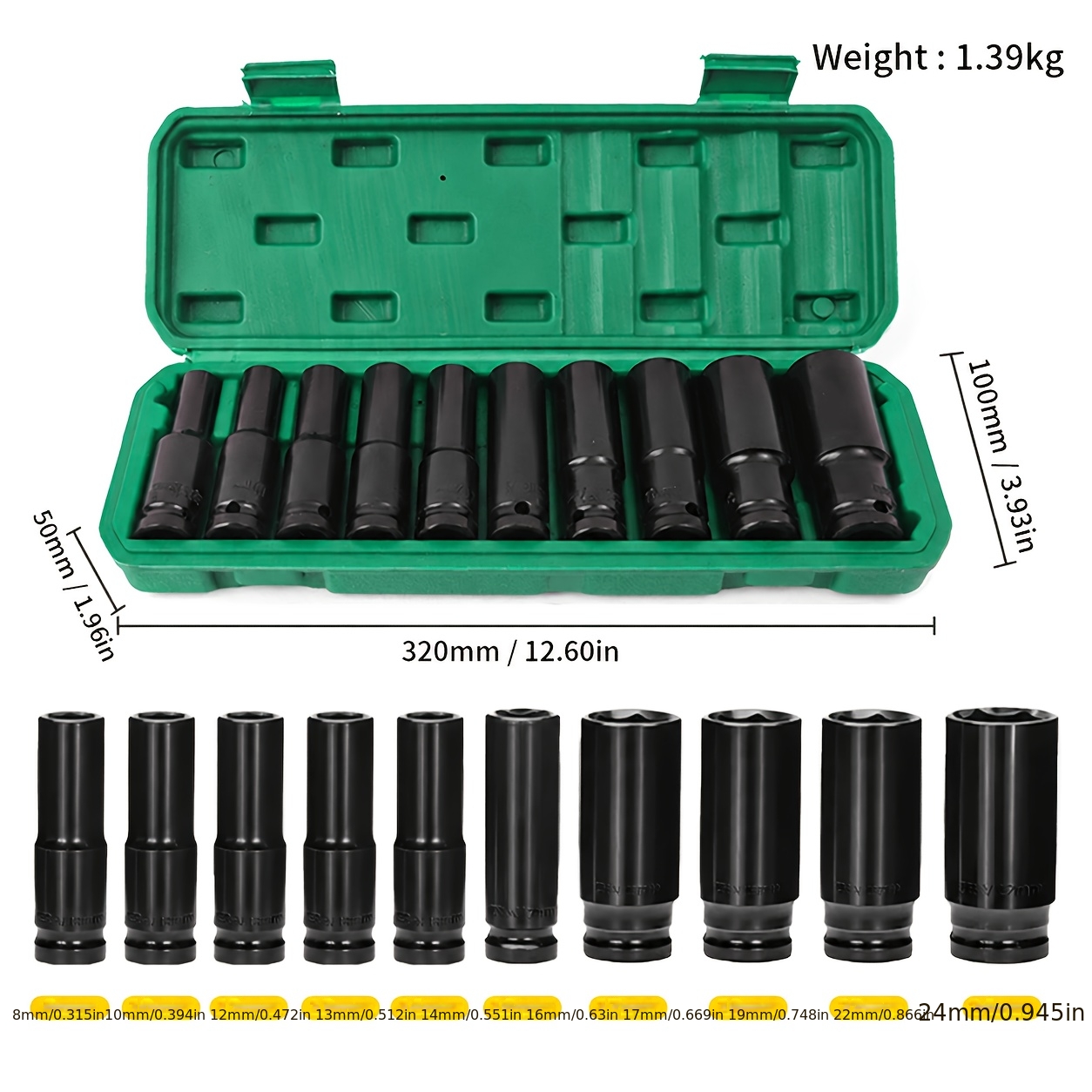 TEMU 10pcs 1/2" Drive Metric Deep Impact Socket Set, 8mm-24mm, Electric Wrench Extension Hex Sockets For Automotive Repair And Nut Tools, Mechanic