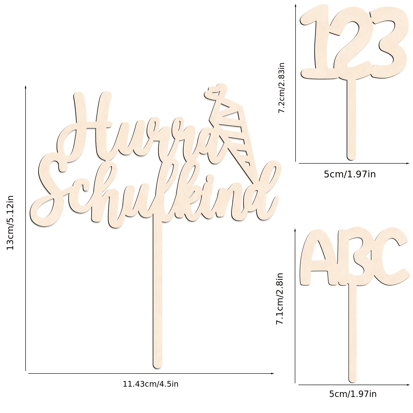 Image of 3pcs Schulkind Wooden Cake Decoration For First Day Of School, School Child Wooden Cake Decoration, Cake Topper, First Day Of School, Party Decoration Supplies, Halloween, Christmas