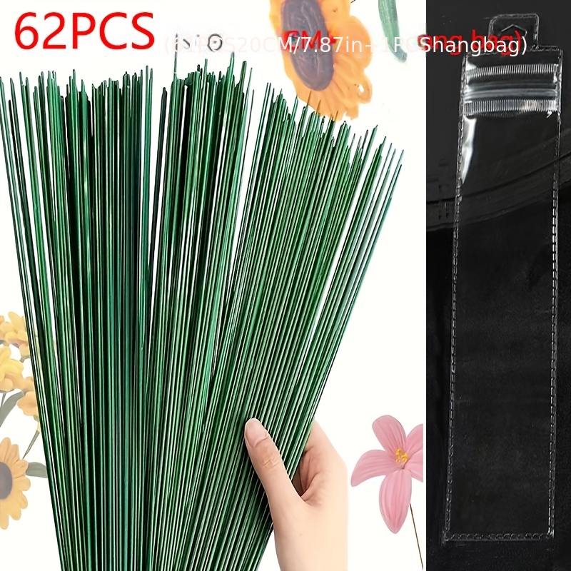 TEMU Ensemble de 62 pièces comprenant 61 tiges de fleurs de 20 cm en fer recouvert de plastique vert + 1 sac de suspension - Idéal pour hortensias,