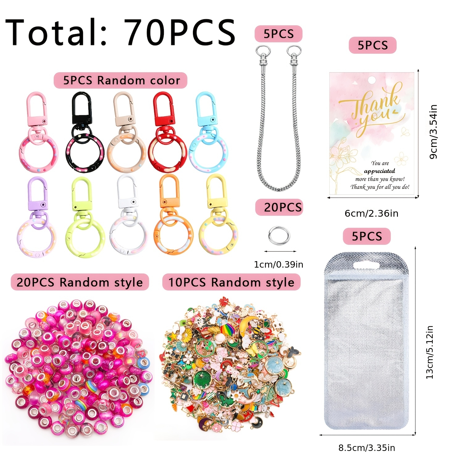 TEMU 70pcs Dopamine Series Keychains: Includes Random Color Keychains, Random Style Large-hole Beads, Random Style Pendants, Chains, Bags, Card