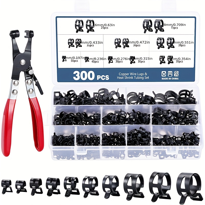 E-shop 300 Stück Schwarze Feder-, Kraftstoffleitungsschellen Niederdruck-Luft/Wasserrohrschellen, 5-18mm 10 Größen Edelstahl-Vakuumrohrschellen,