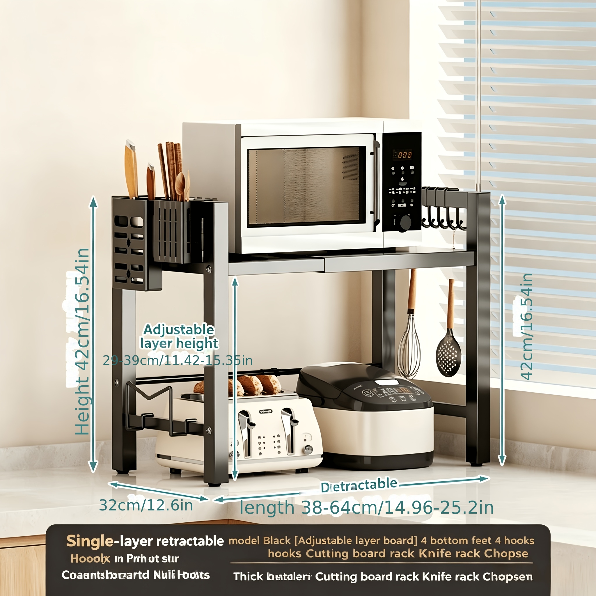 Expandable Microwave Oven Rack, Heavy Duty Extendable Microwave Shelf Stand With 6 Hooks, Height Adjustable Kitchen Counter Organiser Toaster