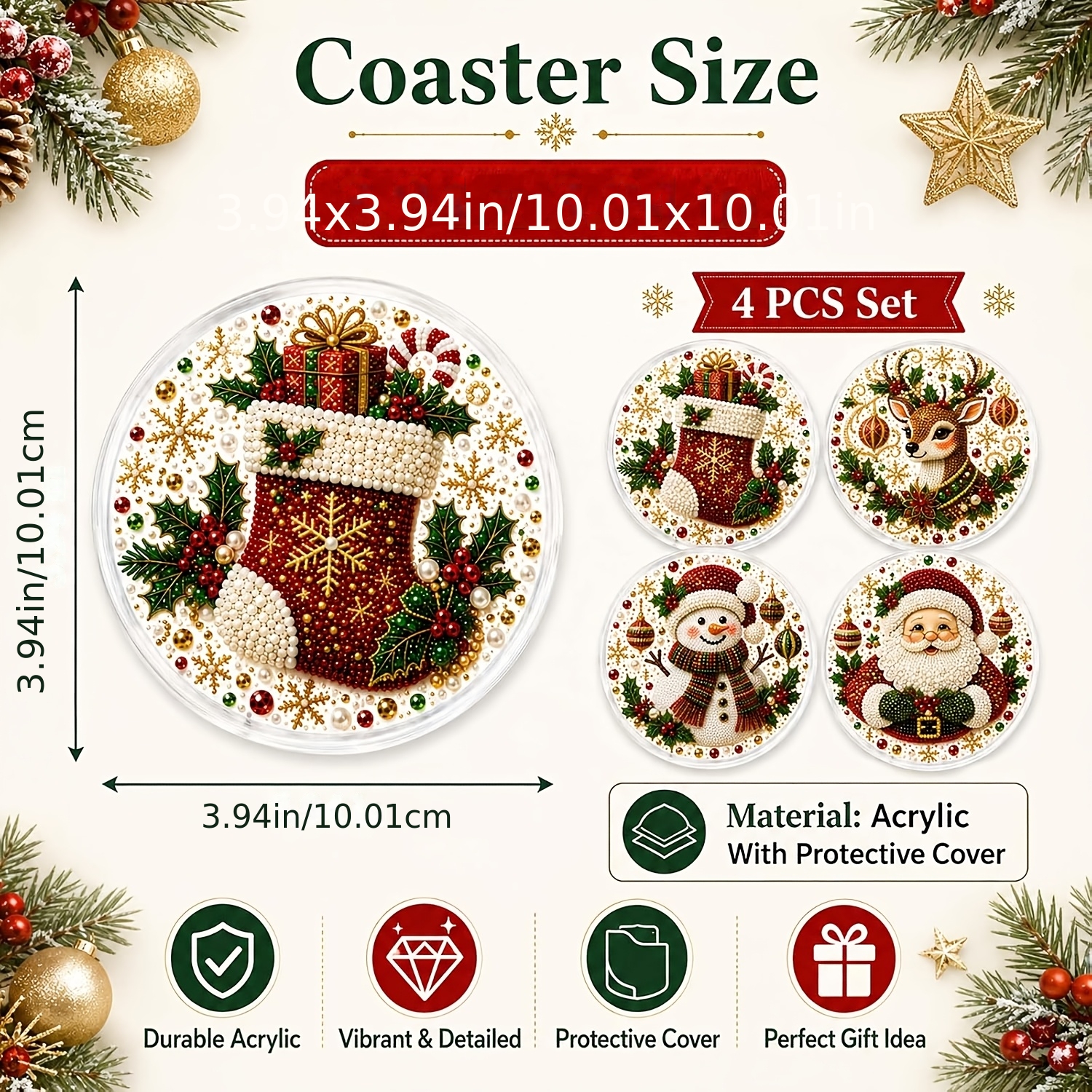 TEMU Christmas Diy Diamond Painting Coasters, Handmade Rhinestone Coasters, Christmas Tabletop Decor, Pearl Drill Coaster Set, Acrylic Heat-resistant