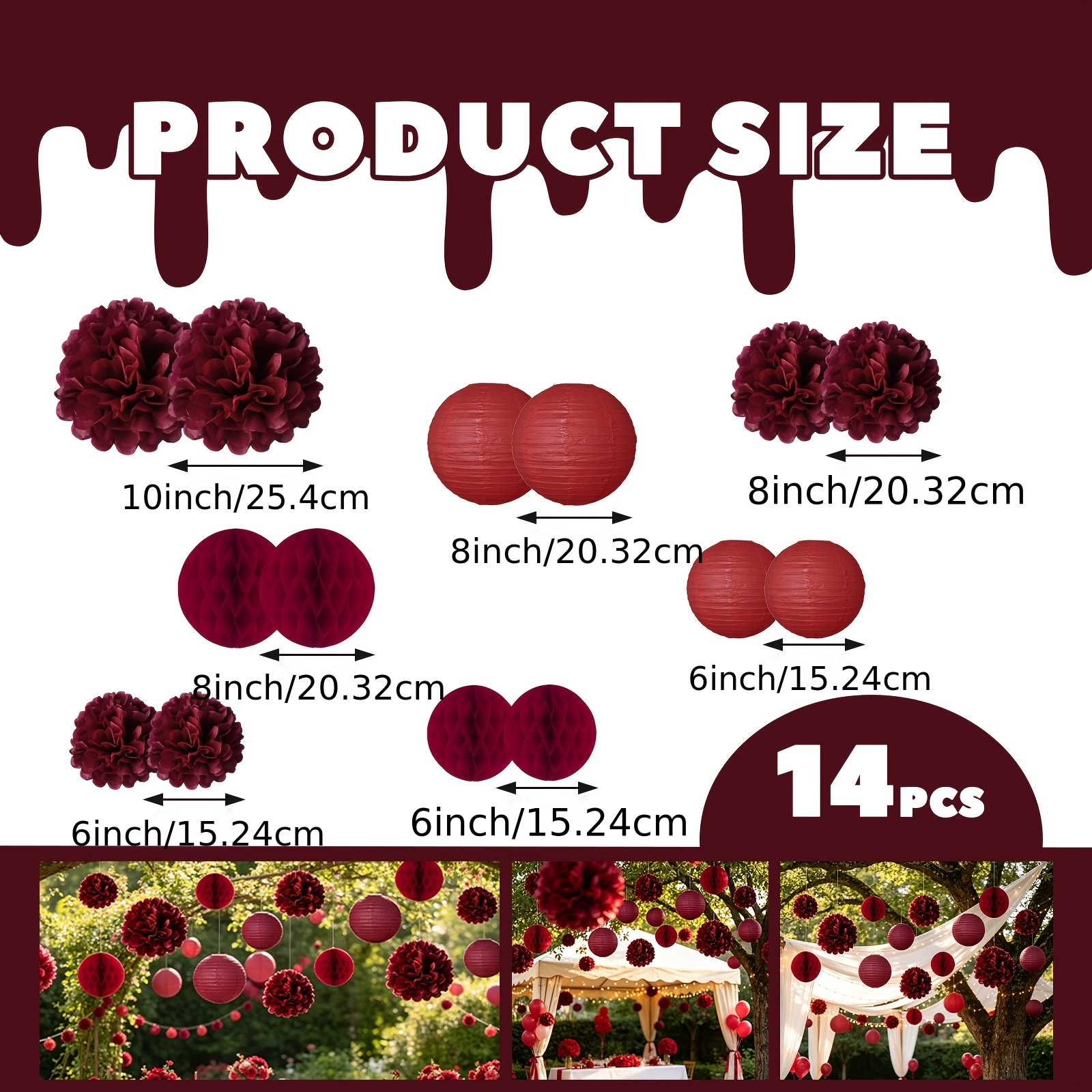 TEMU Kit de décoration d'automne foncé pour les fêtes, pompons en papier de soie maron, lanternes en papier et boules en , ornements suspendus rouges