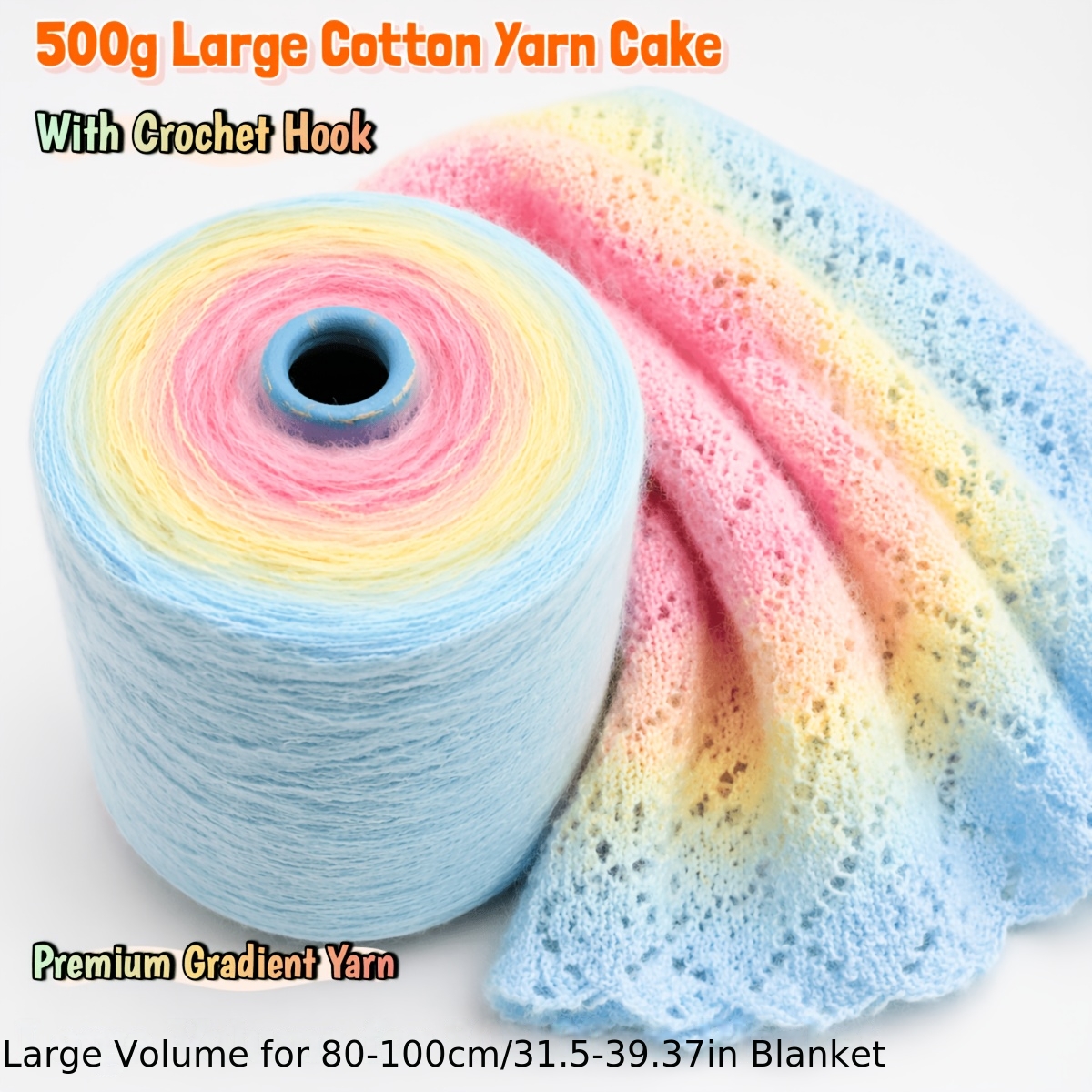 TEMU 500g Large Cotton Yarn , Ultra Soft 100% Cotton 3-ply Mermaid Gradient, Includes Crochet Hook, Perfect For Blanket 80-100cm, Knitting And