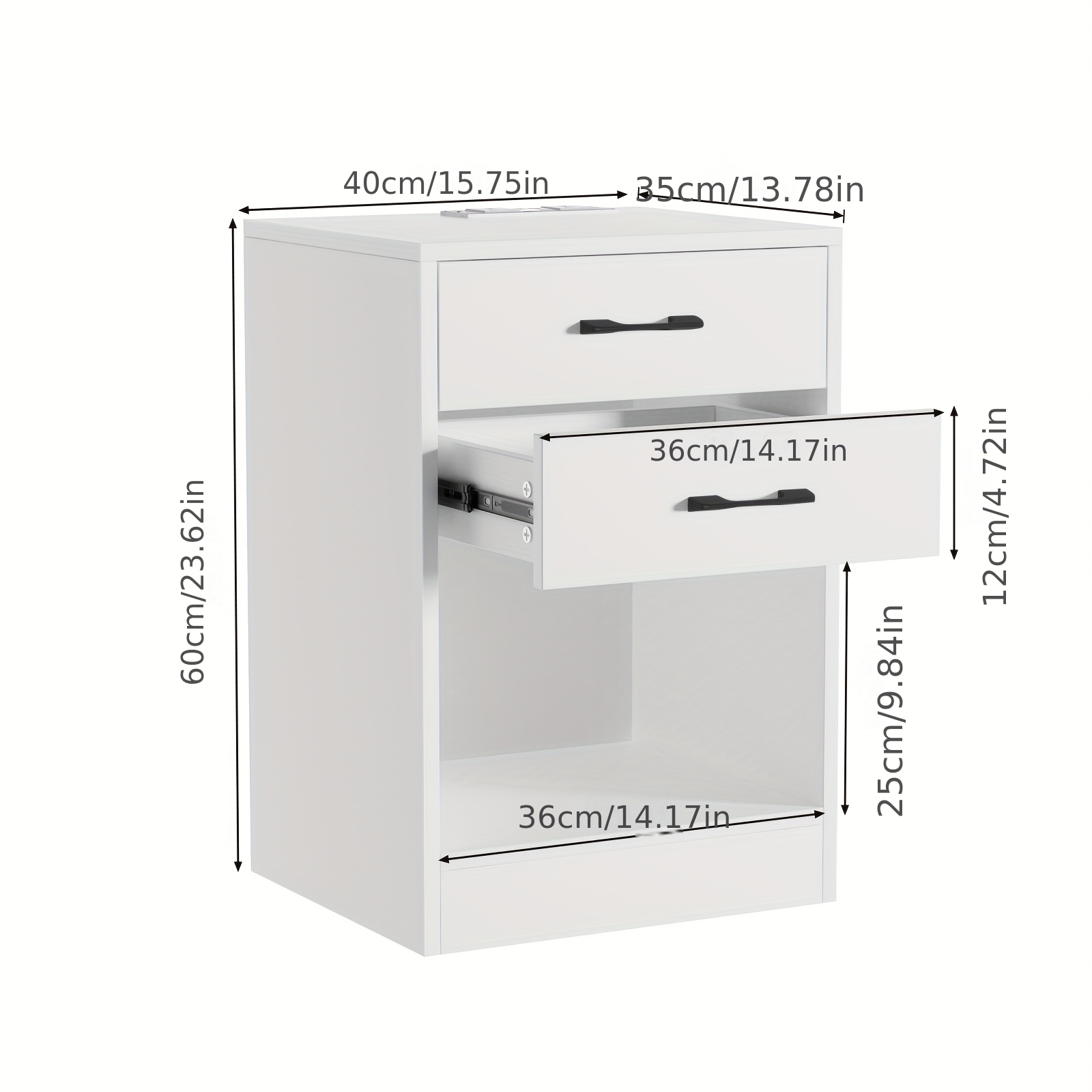 TEMU Modern White Contemporary Bedside Table & Living Room Side Table With 2 Drawers & Open Shelf - Space- Nightstand With Black Handles, Wood