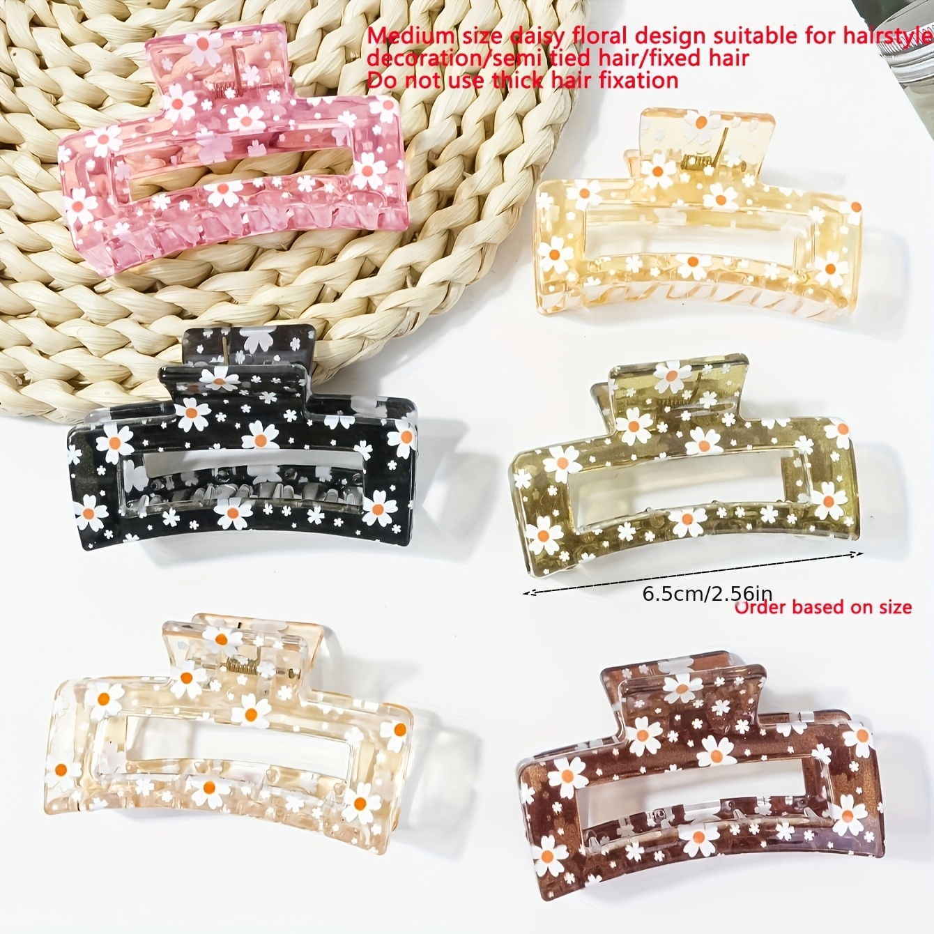 Image of 6pcs Transparent Floral Medium Rectangle Hair Clip Set, Daisy Flower Non-slip , Suitable For Women, Elegant Oval Shape Accessory, Suitable For Fine And Thick Hair, Solid Color Plastic Hair Clips