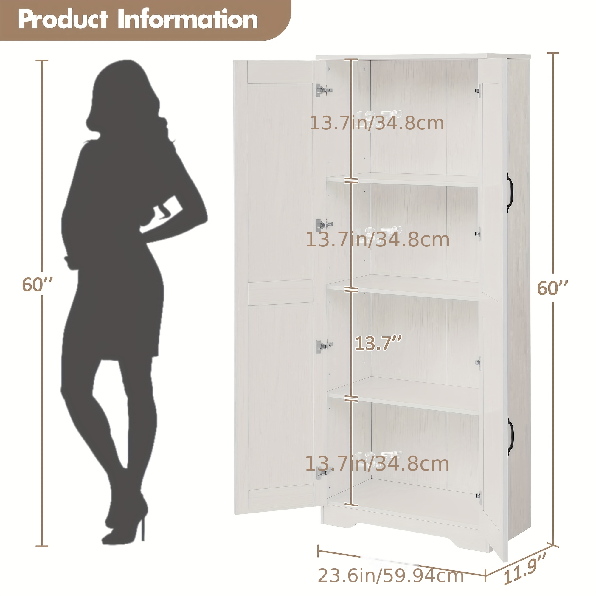 Image of 60" Freestanding Pantry Cabinet With Adjustable Shelves, White Kitchen , Modern Food And Bathroom Organizer For Small Spaces, Dining Room