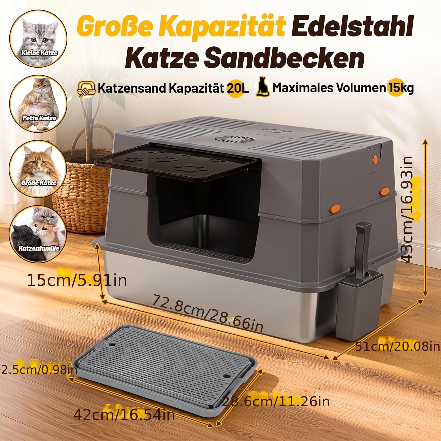 Xxxl High-sided Cat Litter Tray, 72.8 X 51 X 43cm, Semi-, Featuring A 90° Side-hinged Lid And A Removable Stainless Steel Inner Tray, Grey-black