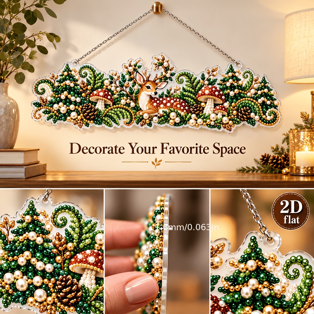 TEMU 2d Flat Diy New Acrylic Elk Christmas Tree Pattern Pearl Painting Pendant Set, 24cm/9.45inch. Complete Handmade Rhinestone Painting Kit, Acrylic
