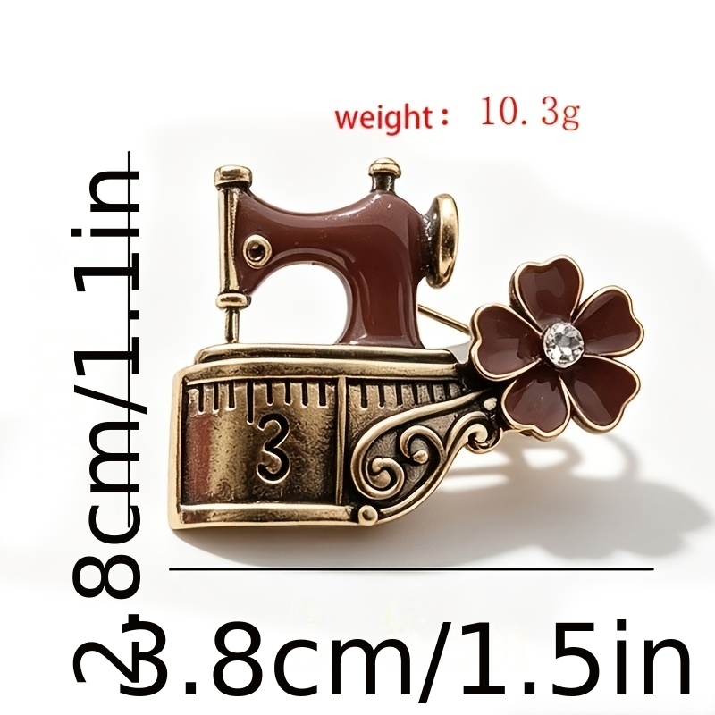 TEMU Vintage Distressed Red-brown Sewing Machine, Old-style Telephone, Radio, And Flower Brooch Set - Versatile Metal Badge Accessory For Suits And