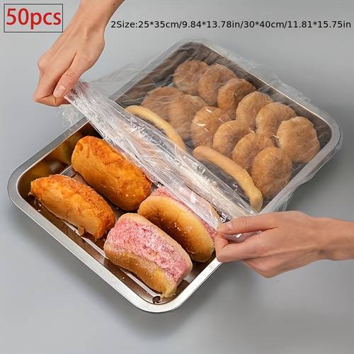 50pcs clear plastic food covers suitable for 30 40cm trays elastic cloth for bread fruits vegetables desserts disposable ideal for kitchen bakery food preservation