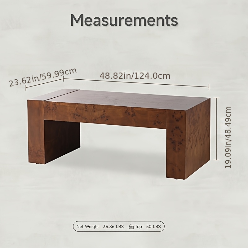 Modern Burl Wood Finish Coffee Table Suitable for Living Spaces, Minimalist Rectangular Center Table with Brushed Block Legs & Density Board Top, Sturdy /Outdoor Furniture for, Balcony, Entryway - Assembly