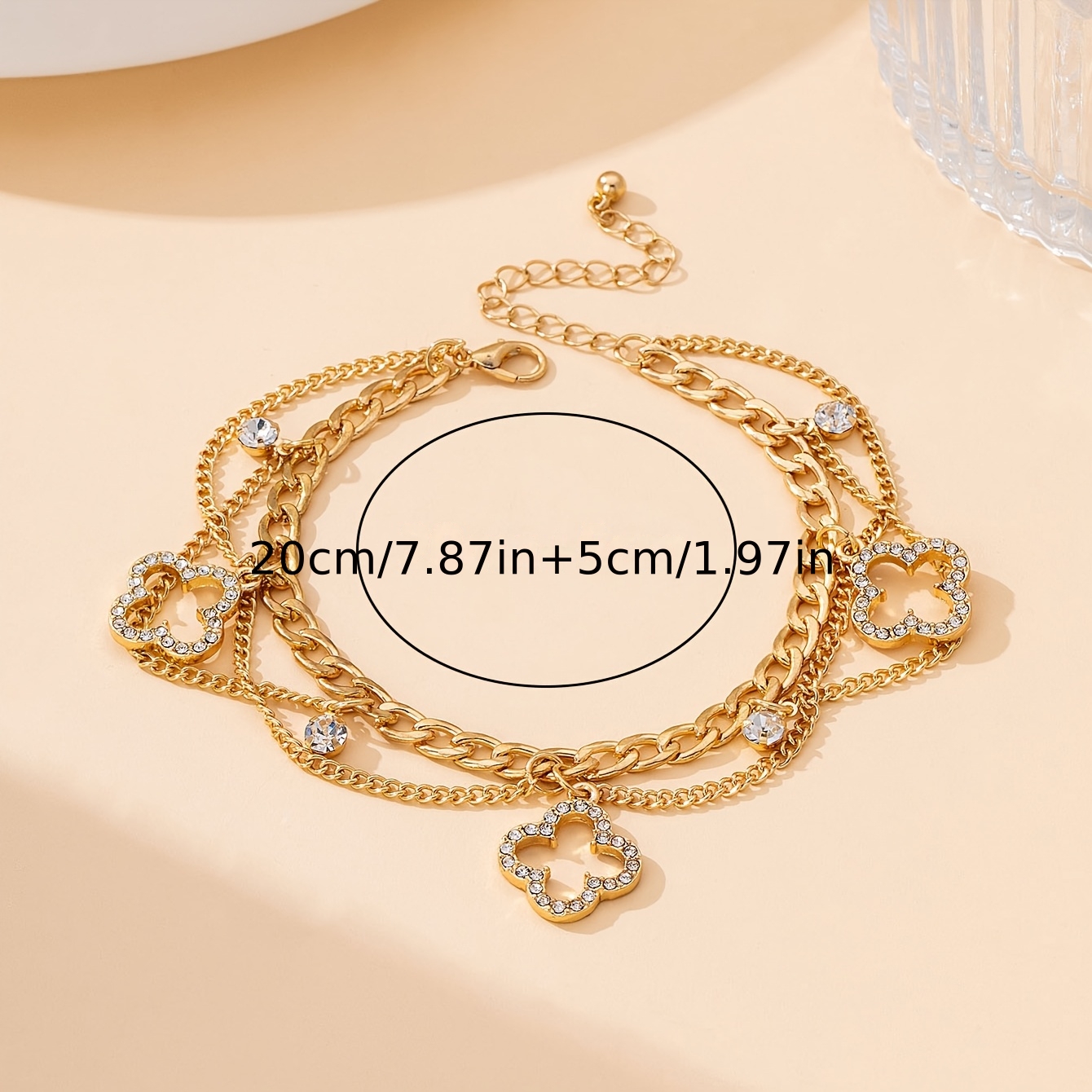 TEMU 1 Women's Foot Chain Inlaid With Glass Clover Pendant, Cuban Chain, Double-layer Foot Chain, Suitable For Beach Vacation Wearing, Versatile Gift