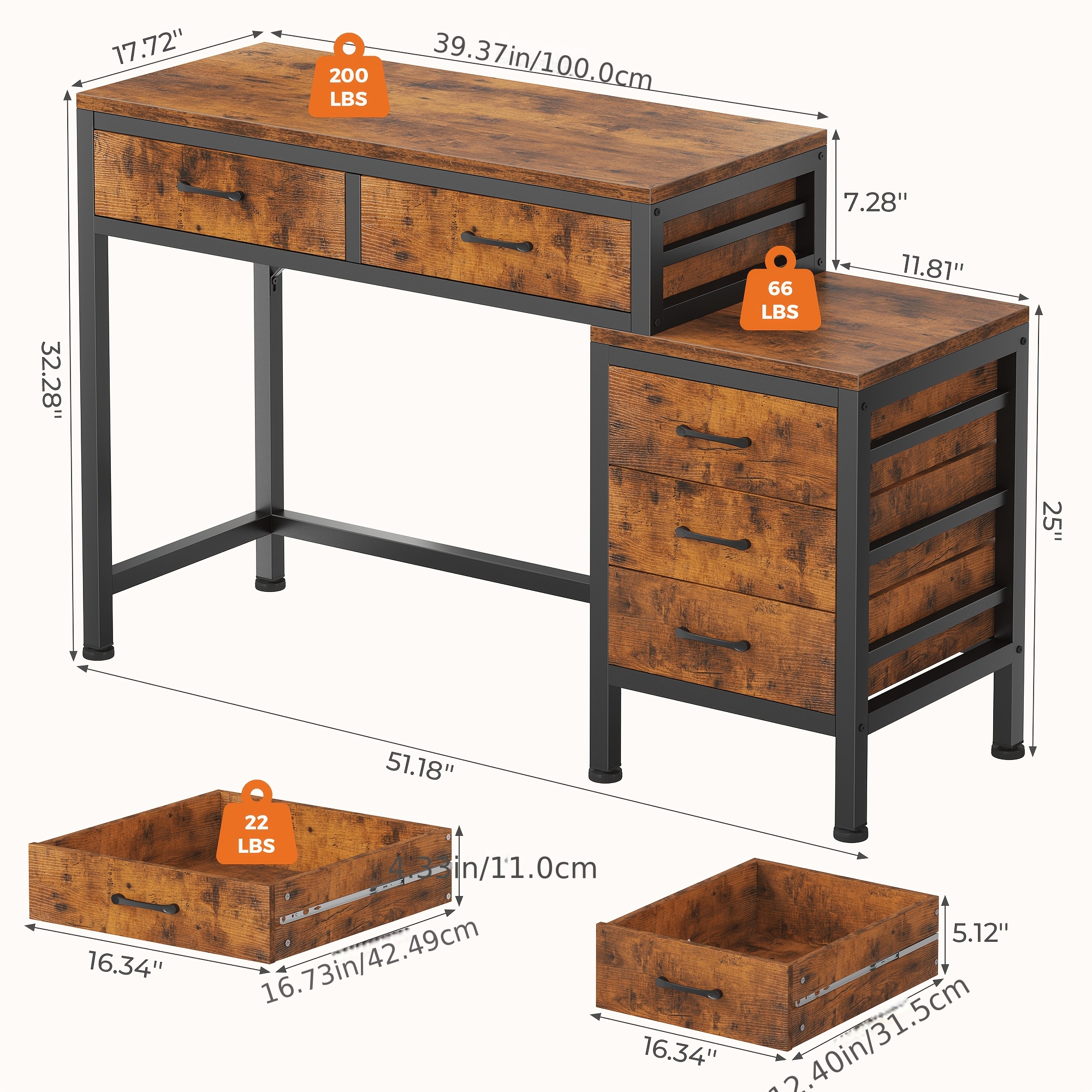 51in Retro Industrial Writing Desk with 5 Drawers & Printer Stand