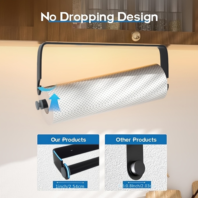 no drill kitchen bathroom organizer heavy duty   paper towel holder space saving cabinet under cabinet mount holds multiple rolls for kitchen bathroom office aluminum alloy undercounter storage modern   undercabinet accessory   mounting sturdy construction Product details 0