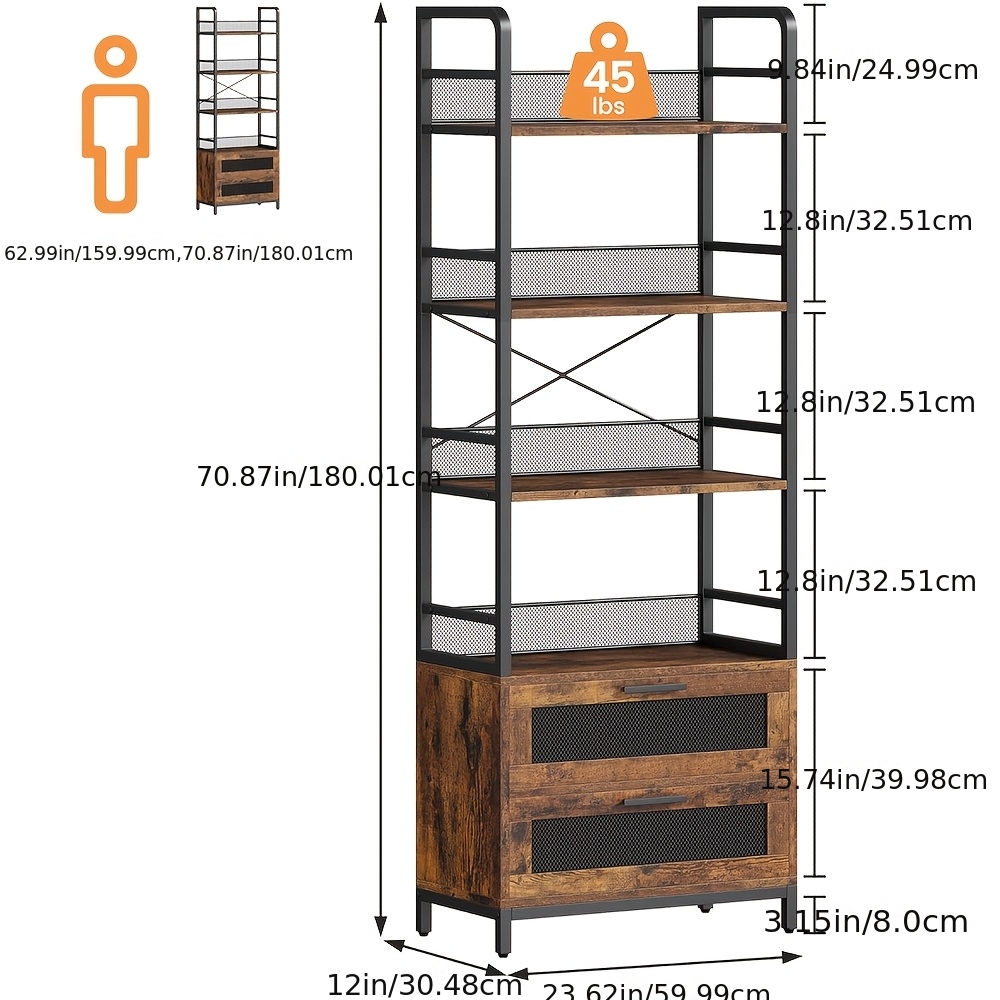 Bookshelf With Drawers Industrial Bookcase With 4 Tiers Open Storage Shelves Rustic Bookshelves Tall Display Racks Farmhouse Bookshelf For Bedroom, Living Room, Home Office, Brown