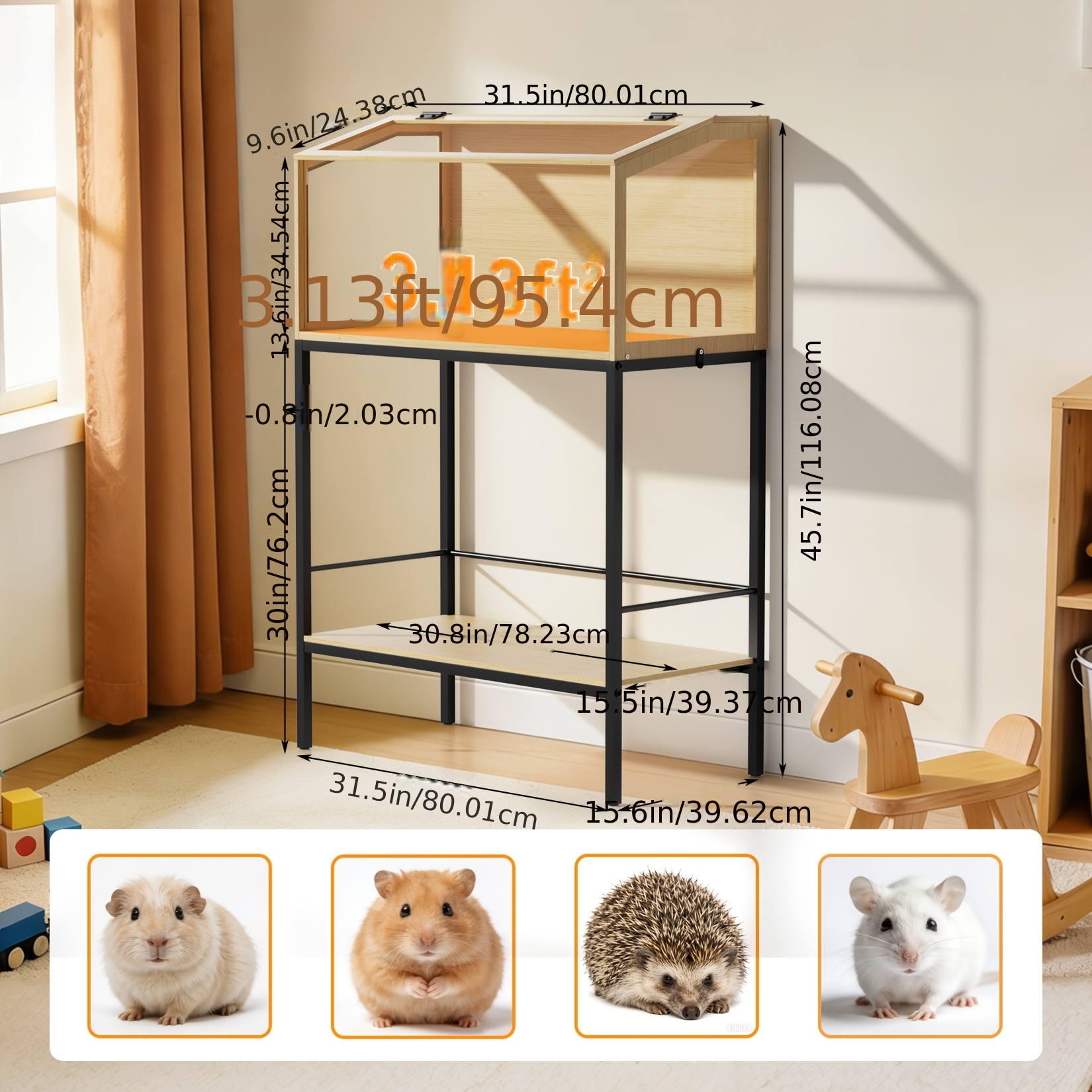 Image of 1pc Wooden Hamster Cage With Stand Storage Shelf Tempered Glass Chew-proof Ventilated Habitat For Small Pet Hamster Gerbil Natural Wood Furniture Style Small Animal Cage