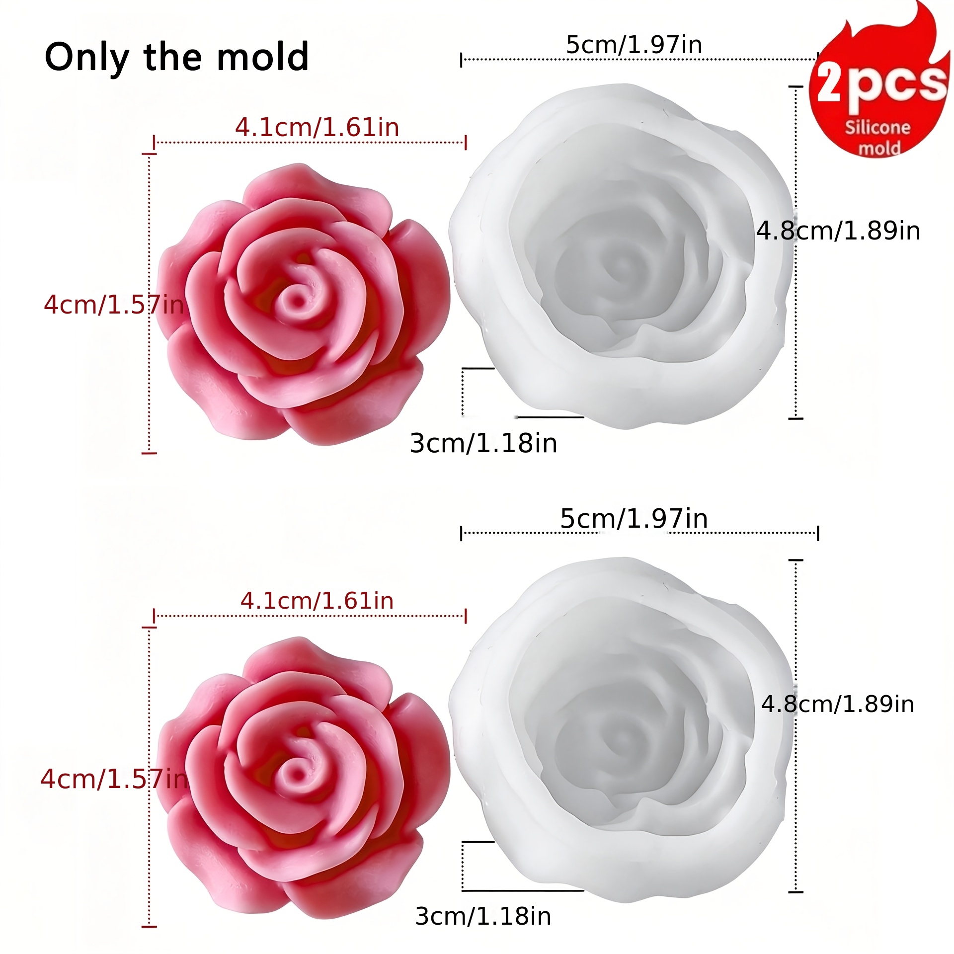 TEMU Lot de 2 moules en de rose pour loisirs créatifs, moules à fleurs réutilisables antiadhésifs et démoulables à plusieurs cavités pour la