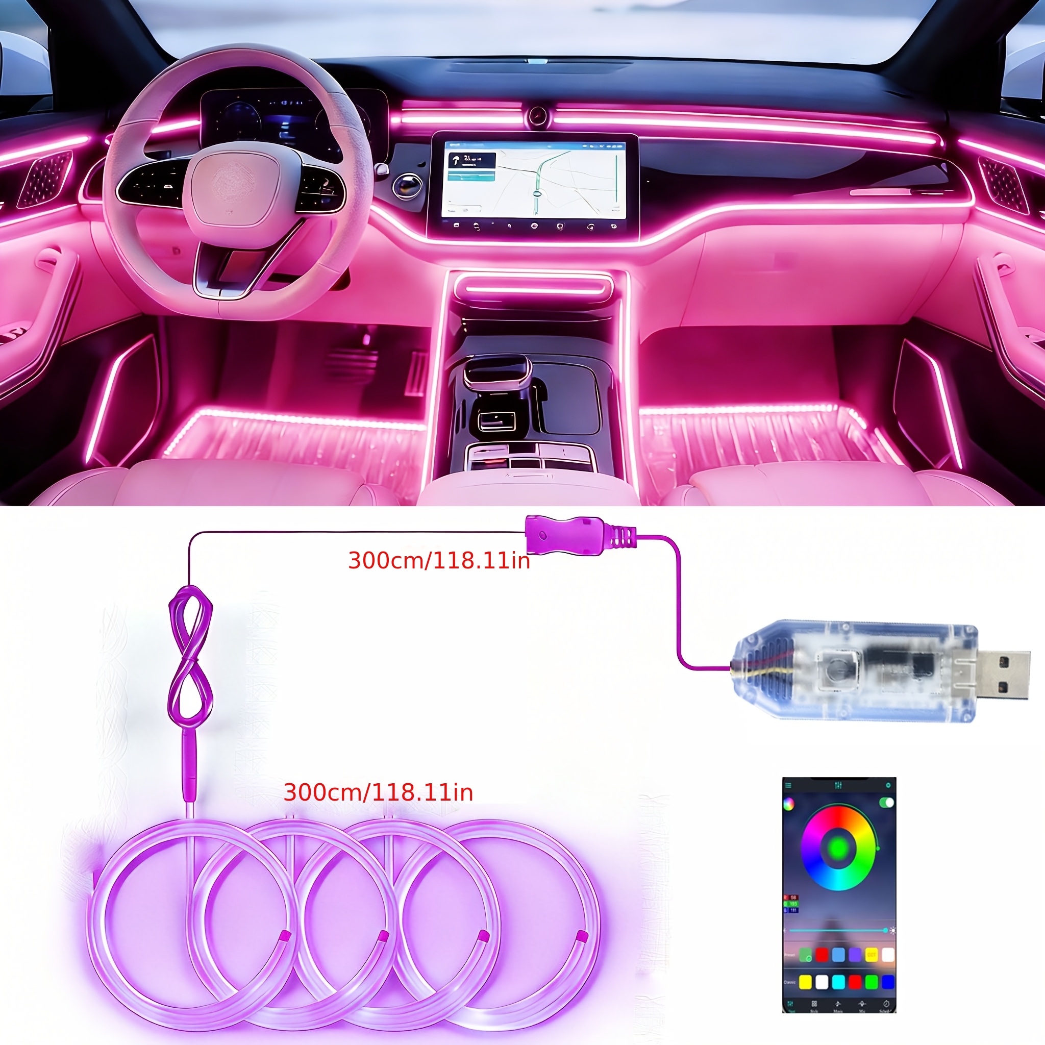 Smart Car Interior Led Light Strip, Equipped With Wireless Application, Rgb Ambient Lighting Kit, Including 118 Inch Fiber Optic Interior Lights, Men's Truck Accessories, Car Led Lights, Cool Lighting