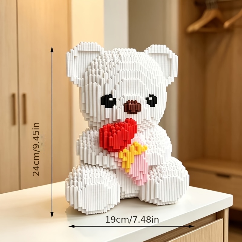 TEMU Romantic Rose Bear Micro Particle Building Blocks Diy Assembly Model, Girly Living Room Nightstand Atmosphere Decorative Ornament Gift