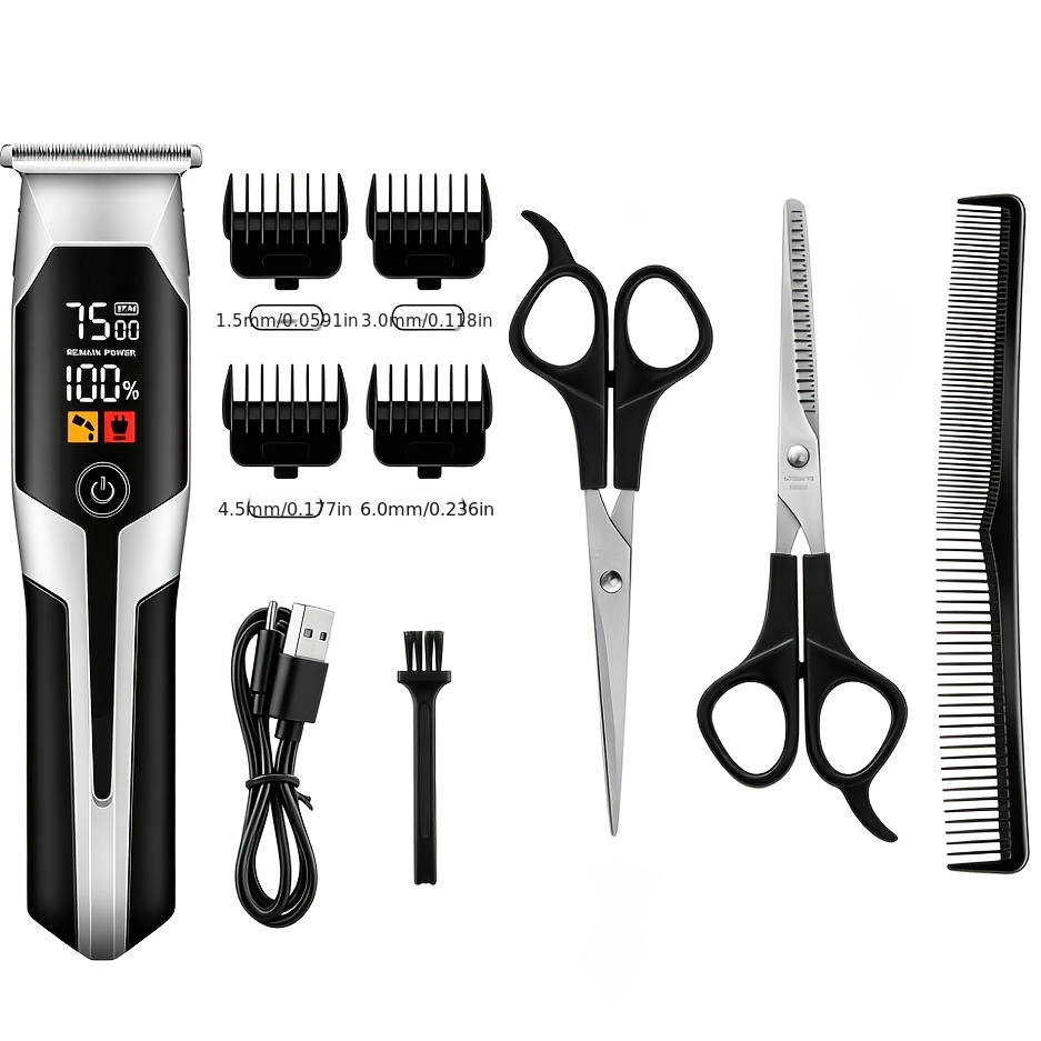 TEMU Usb Rechargeable Led Display Powerful Motor Long Hair Clippers For Men, Professional Electric Hair Trimmer Barber Kit With 1.5-6mm Limit Combs,