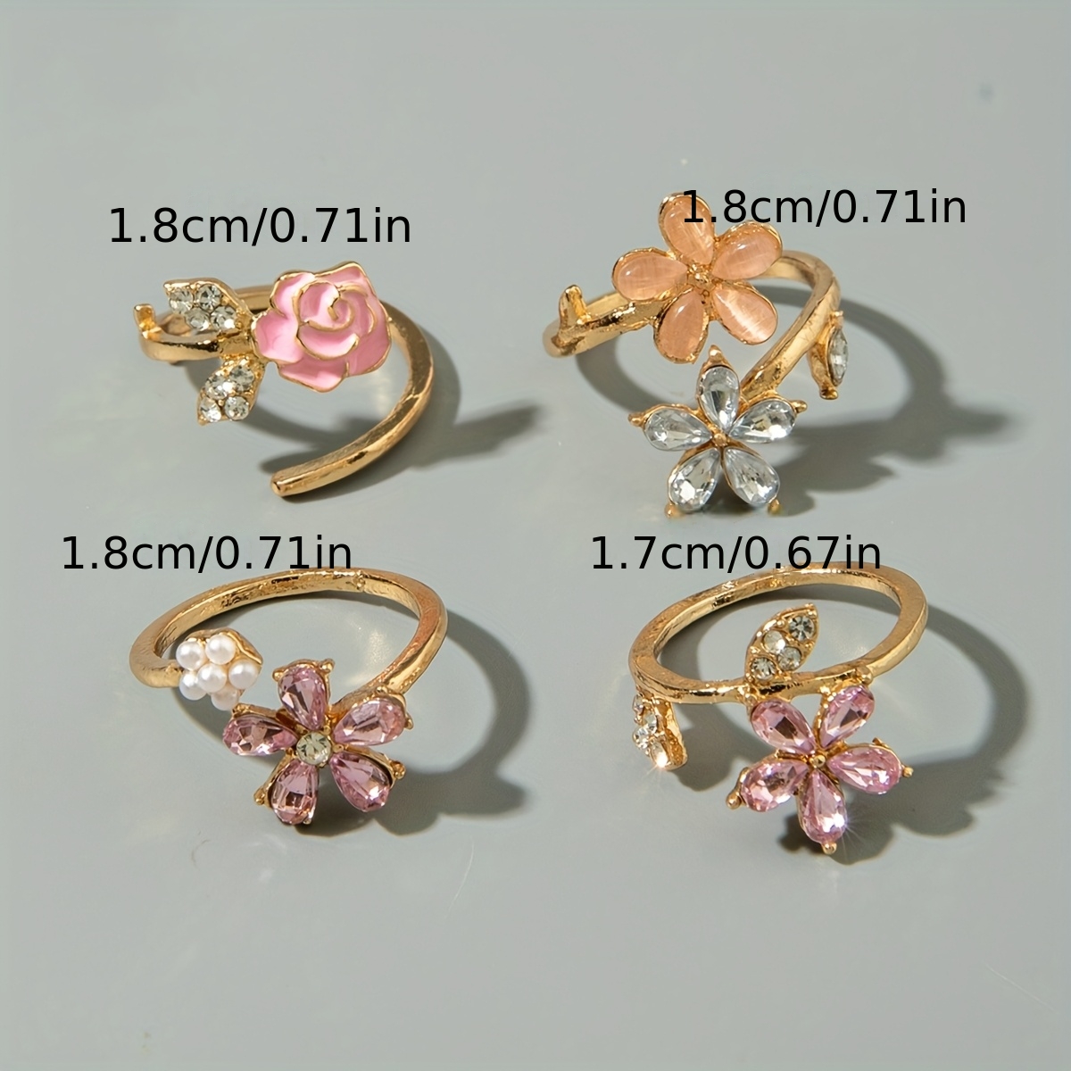 4pcs Vintage Rhinestone-Encrusted Floral Ring Set