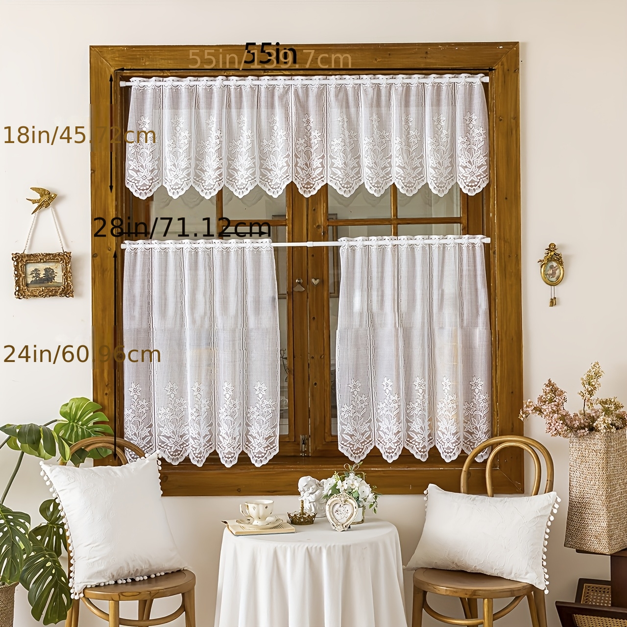3pcs 1pc sheer curtain and 2pcs tiered curtains elegant white lace floral pattern kitchen window curtain set rod   machine washable   semi sheer material ideal for bedroom and home decor