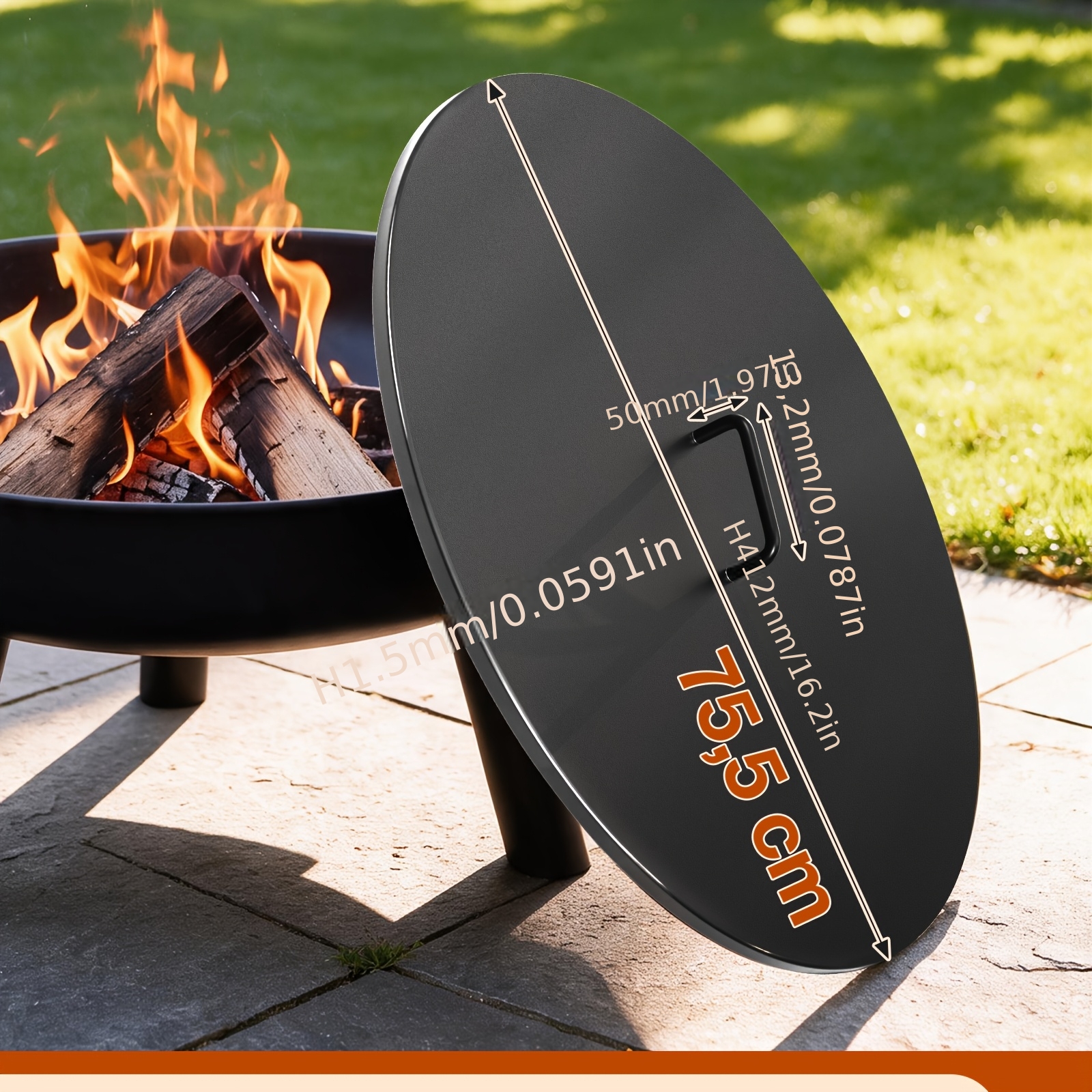 Image of Fire Pit Lid With Stainless Steel Handle, 1.5mm Steel Lid, 6.5kg, Sturdy And Durable, Black Lid, Suitable For Gardens, Patios, And Round Fire Pits