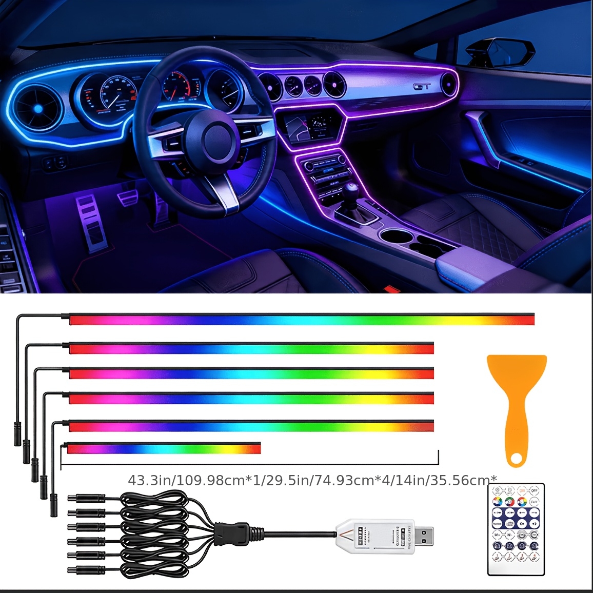 TEMU Acrylic 6-in-1 Car Led Interior Lighting, Dynamic Color , Rgb Ambient Lighting, 584 Led Beads, 16 Million Colors, Music Synchronization, Remote