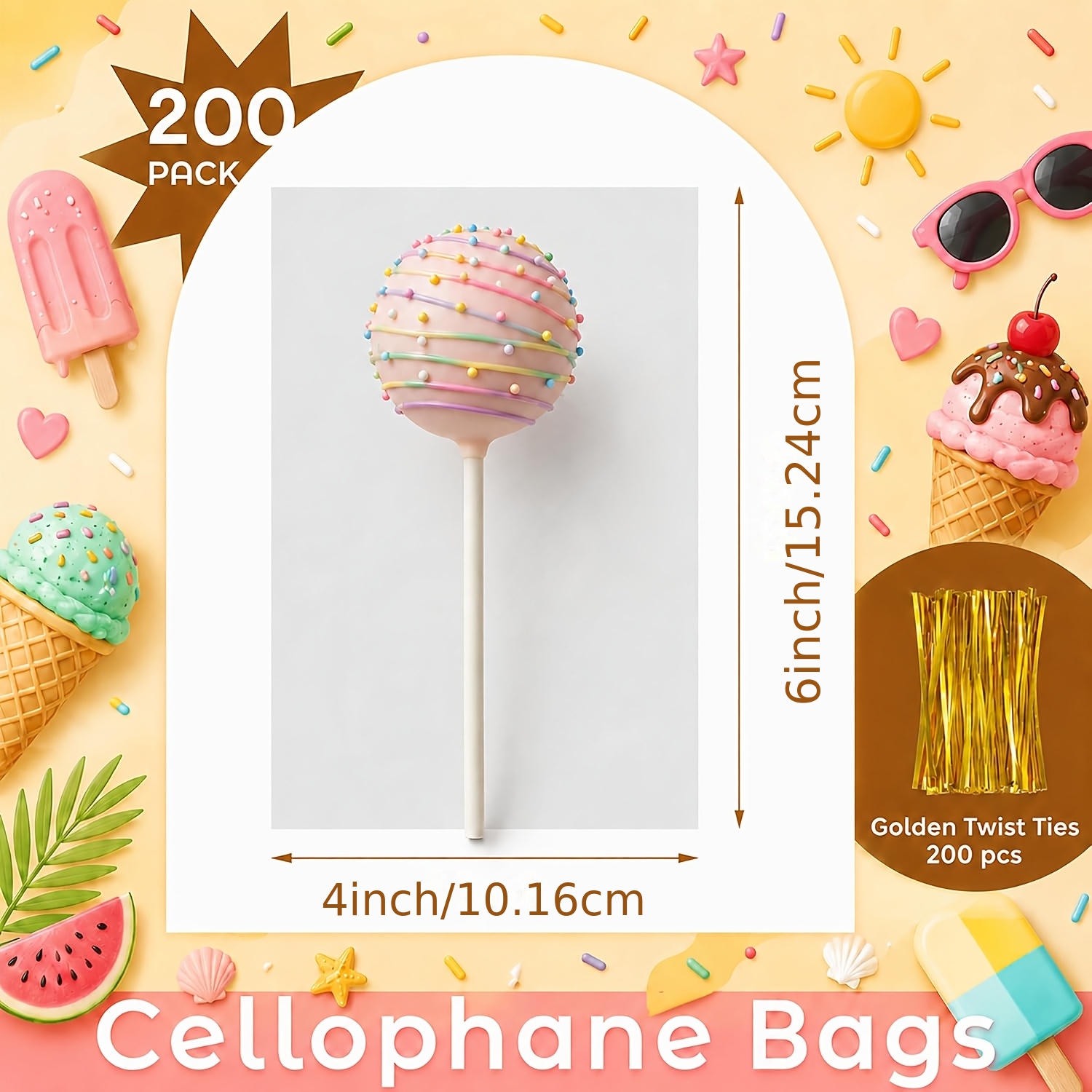TEMU Cellophane Treat Bags 4x6 Inches 200pcs With Golden Twist Ties, Opp Cookie Bags For Cake Pops, Treats, Candy, Bakery, Goodie Bags And Party
