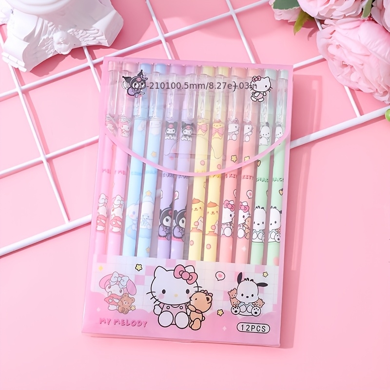 12pcs Erasable Ballpoint Pens, Cartoon Signing Pens, Exam Gift Pens, Hello Kitty Erasable Pens