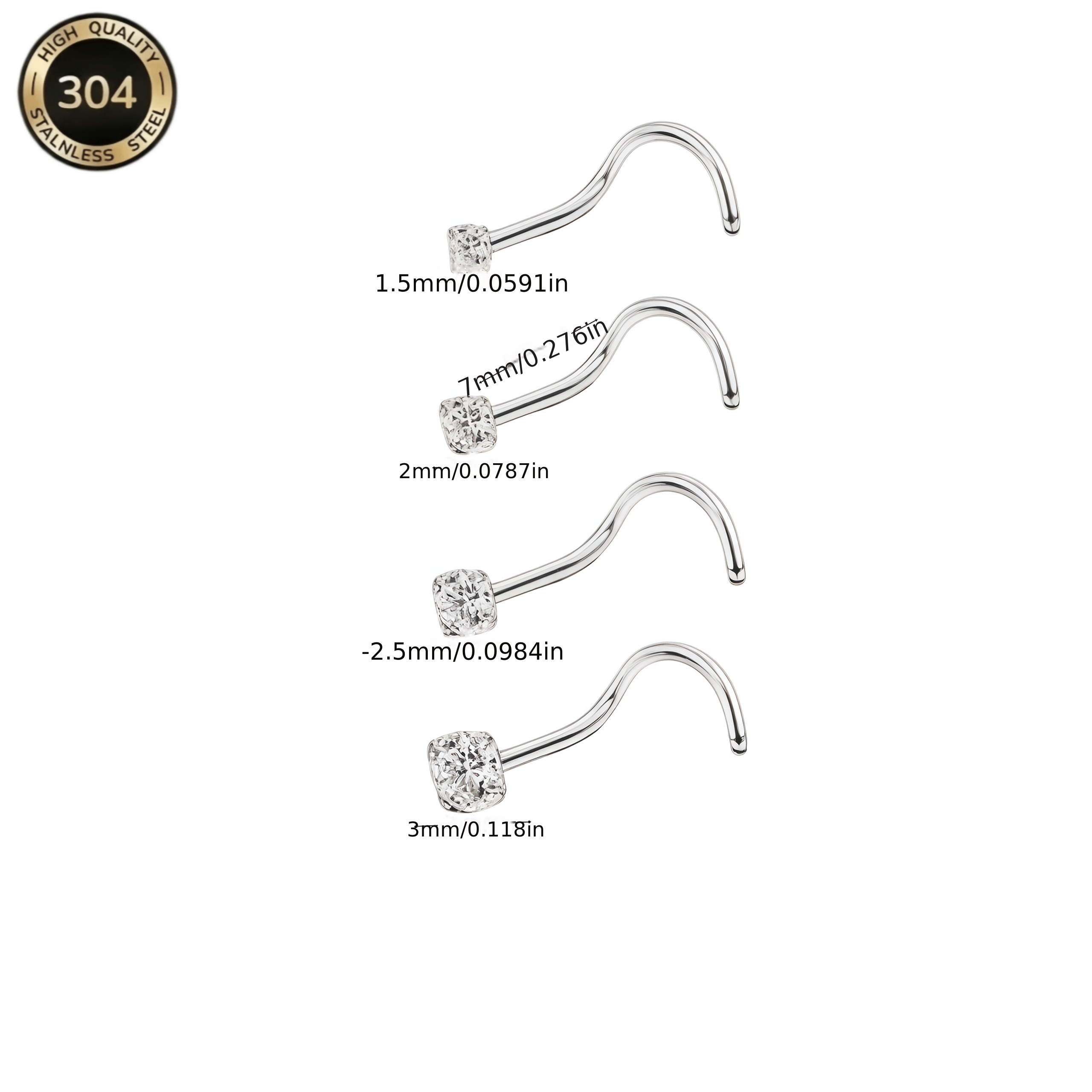 TEMU Juego de 4 piezas de tachuelas de acero inoxidable para nariz, 0.8 mm de grosor (20G), 7 mm de largo, con circonita sintética de puntas de 1.5-3