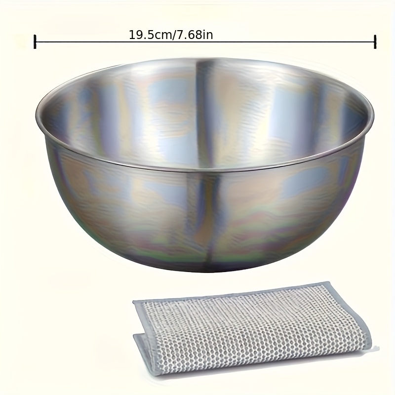 TEMU Stainless Steel Bowl Set, 1 Silvery Salad Bowl With 1 Silvery Wire Cleaning Cloth, Multi-functional For Salads, Noodles, Soups, Etc., Suitable