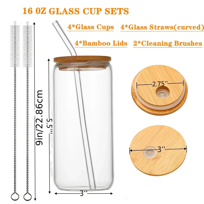 glass cups with lids and straws 4pcs 16oz drinking glasses set for coffee bar accessories iced coffee cups with lids glass tumbler reusable for gifts kitchen glassware modern drinkware contemporary cups material tumblers drinking tumblers insulated glassware bar enthusiasts home Product details 3