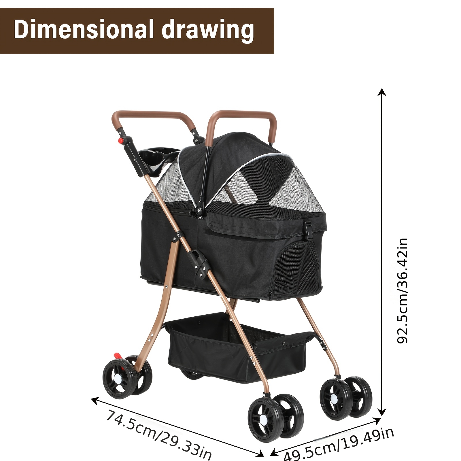 TEMU Pet , Trolley, Four-wheeled Pet Trolley, Black, Includes Food Tray, , 360-degree Swivel Wheels, With Storage Space