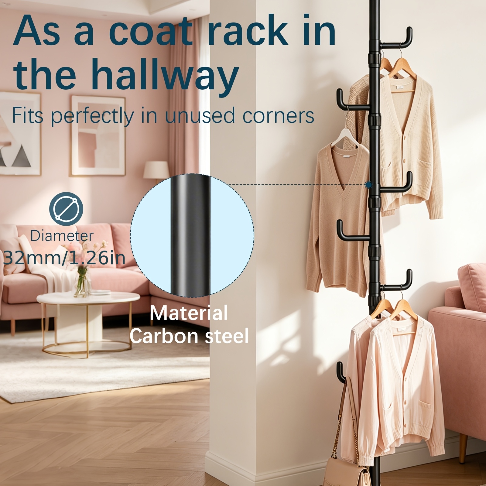 Image of Tension Rod Clothes Rack Floor To Ceiling, No-drill Freestanding Garment Rack With 6 Hooks, Heavy Duty 10kg Per Hook Coat Stand For Laundry Hallway, White