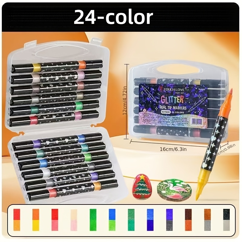 Image of 12pcs Ended 24- Double-ended Glitter Pen Set, Glitter Marker, Quick-drying Glue-like Ink - Thin Tip To , Suitable For Scrapbooking, Card Making, Journaling, Painting - Glitter Markers