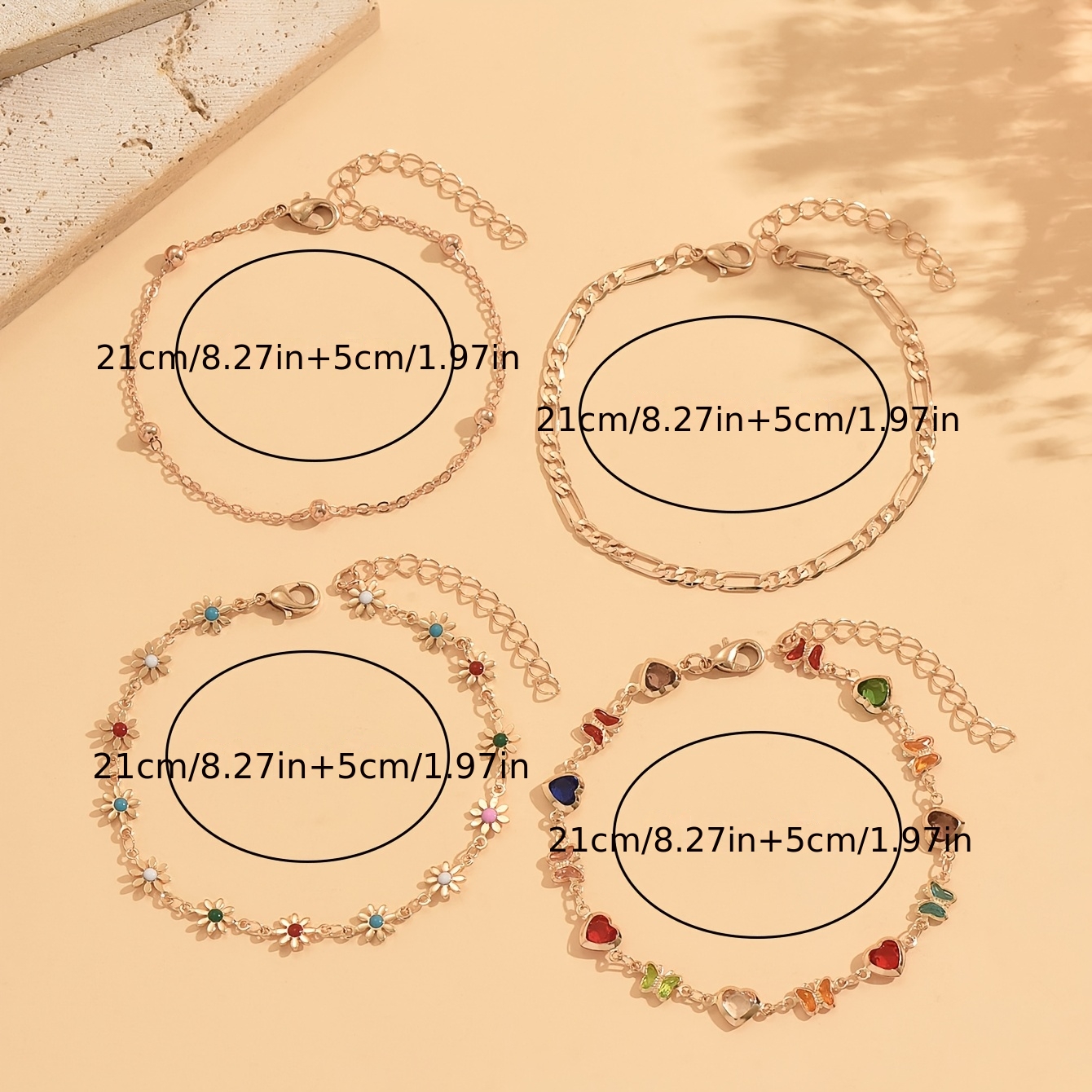 4pc Colorful Enamel Flower & Heart Charms Anklet Set for Women