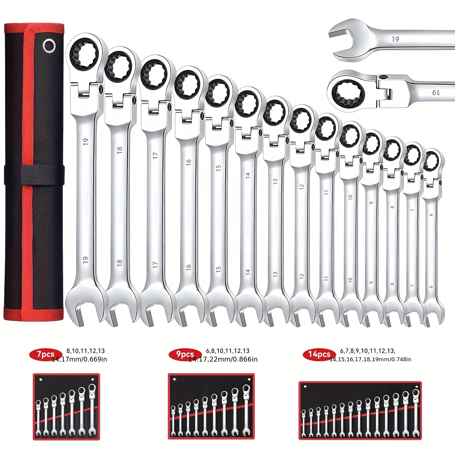 7 9 14pcs Ratchet Socket Set 72-Tooth 180° Flexible Head CR-V Chrome-Vanadium Steel for Rust Resistance and Durability Includes Fabric Storage Bag Suitable for Automotive/Home DIY Repairs