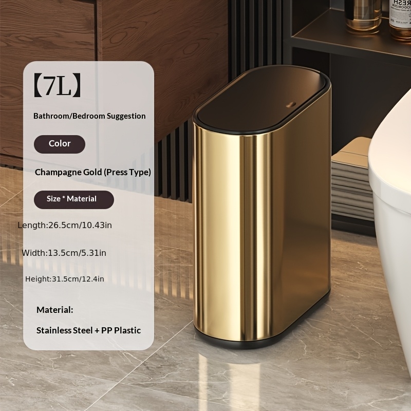 TEMU 7l/1.85 Gallon Press Type Bathroom Trash Can, Odorless, Pet Proof, Compact And Durable Small Trash Can, Made Of Stainless Steel Material,