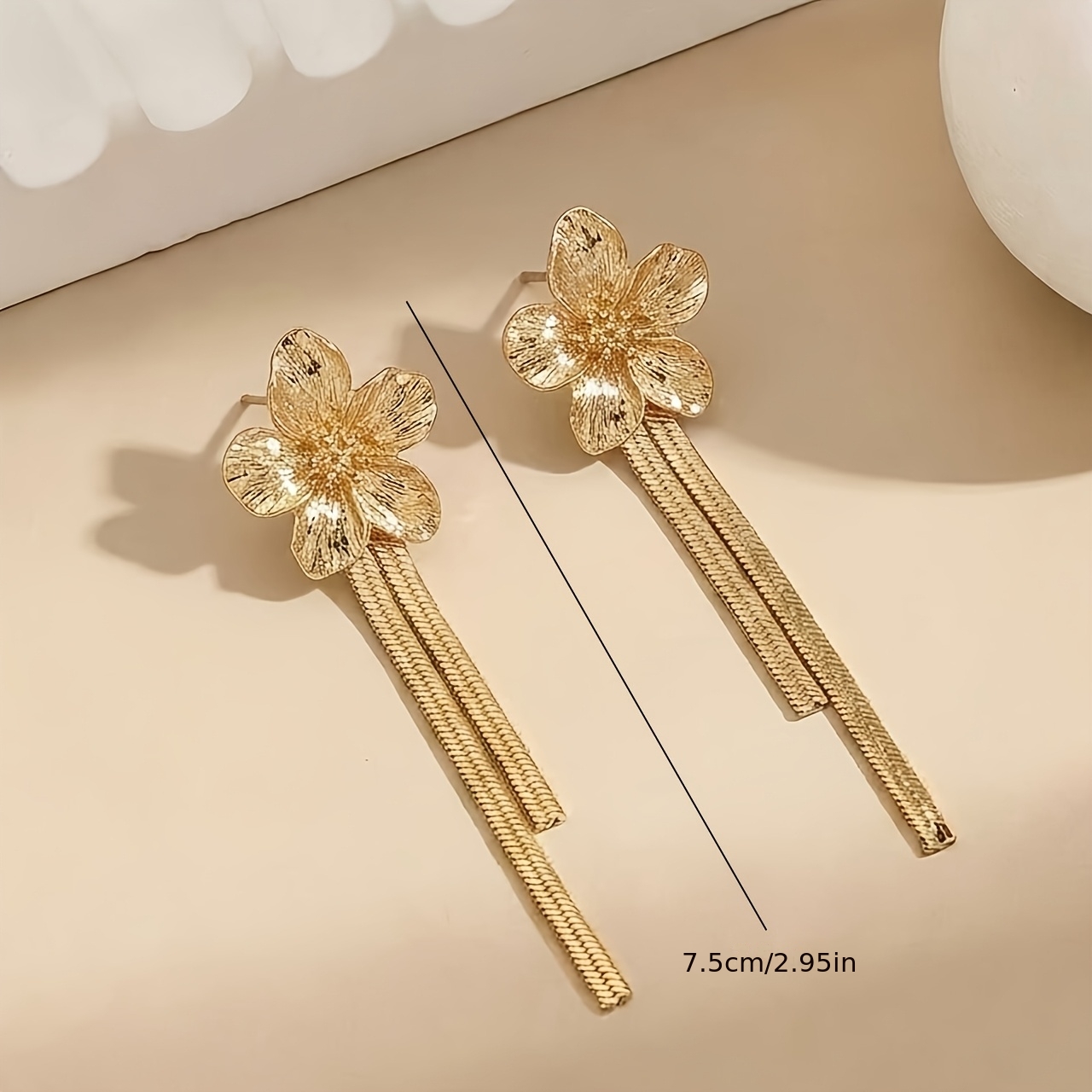 Golden Flower Shaped Tassel Long Stud Earrings