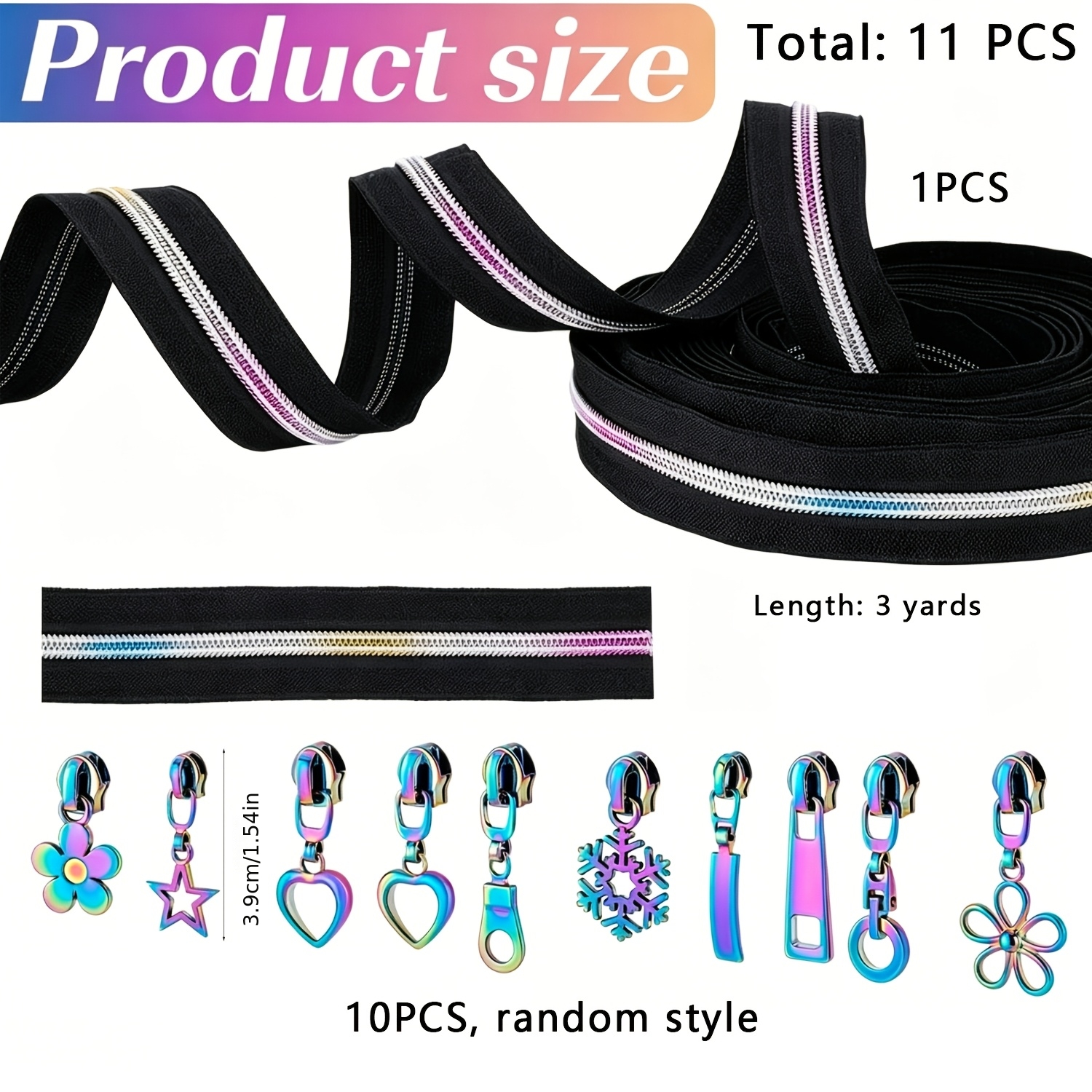 TEMU 11pcs Of Black 5-size Zipper Tapes With Random Colorful Zipper Ends. Diy Zipper Set. Suitable For Bag-making, Clothing, Fabric Production And