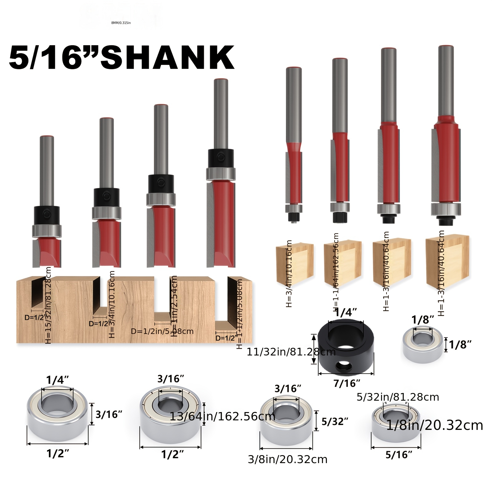 Image of 8pcs Set Ball Bearing Woodworking Trim Router Bit, 1/4" Shank, 6mm & 8mm Multiple Cutting Diameters, Tool For Grooving And Contouring Wood Panels In Diy And Home Improvement Projects