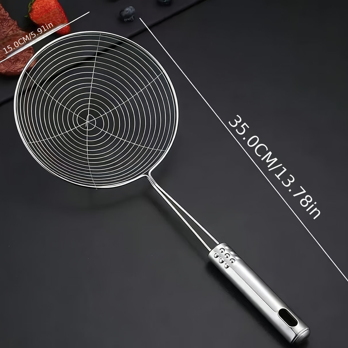 TEMU 1pc Stainless Steel Strainer Set, Durable Metal Long-handle Skimmer, Food-safe Skimmer, Suitable For Frying, Pasta, With Hanging Ring, Fits 35.0