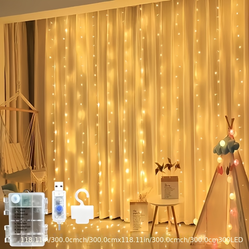 TEMU 1pc 118x118 Inches Led Curtain Light String With Battery & Usb Power, Lights Suitable For Home Decor, Christmas Holiday Decorations, Photo