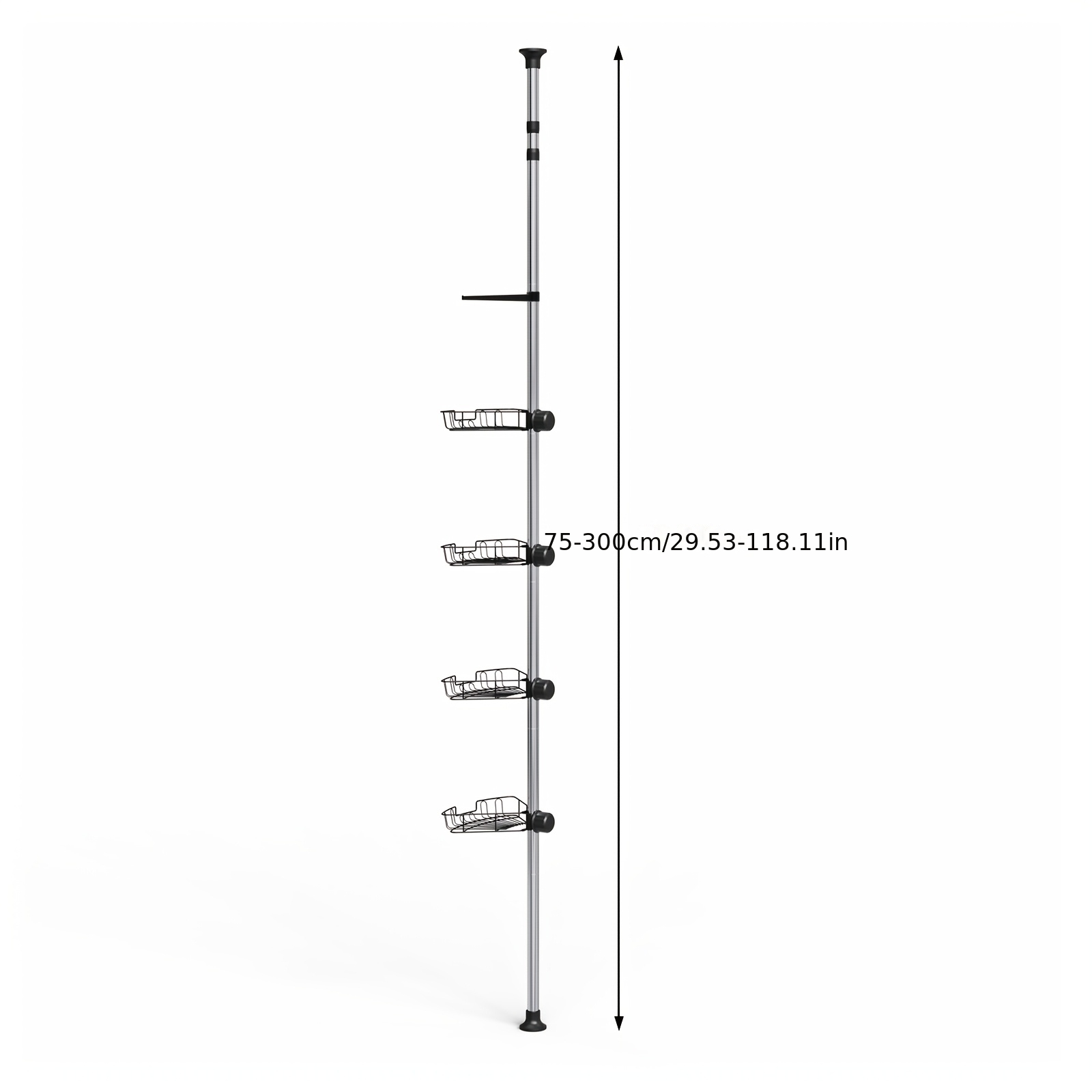 Extendable Bathroom Corner Shelf, 4-tier Stainless Steel, With Towel Bar, Adjustable Length 75-300cm, Strong Load-bearing Storage Rack, Silver And Black, 10kg Per Tier