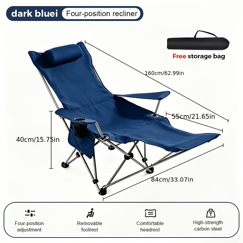 Image of Foldable Reclining Camping Chair With Detachable Footrest & Cup Holder, Portable Outdoor Chair With Carry Bag